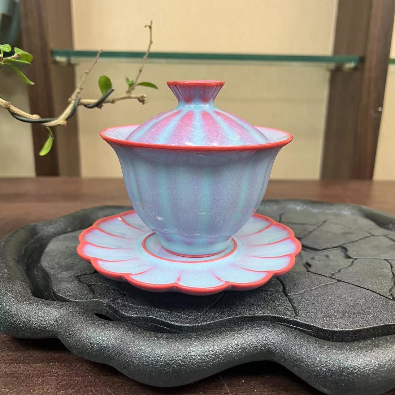 原矿汝瓷鸿运天成菊瓣三才盖碗150cc玛瑙入釉