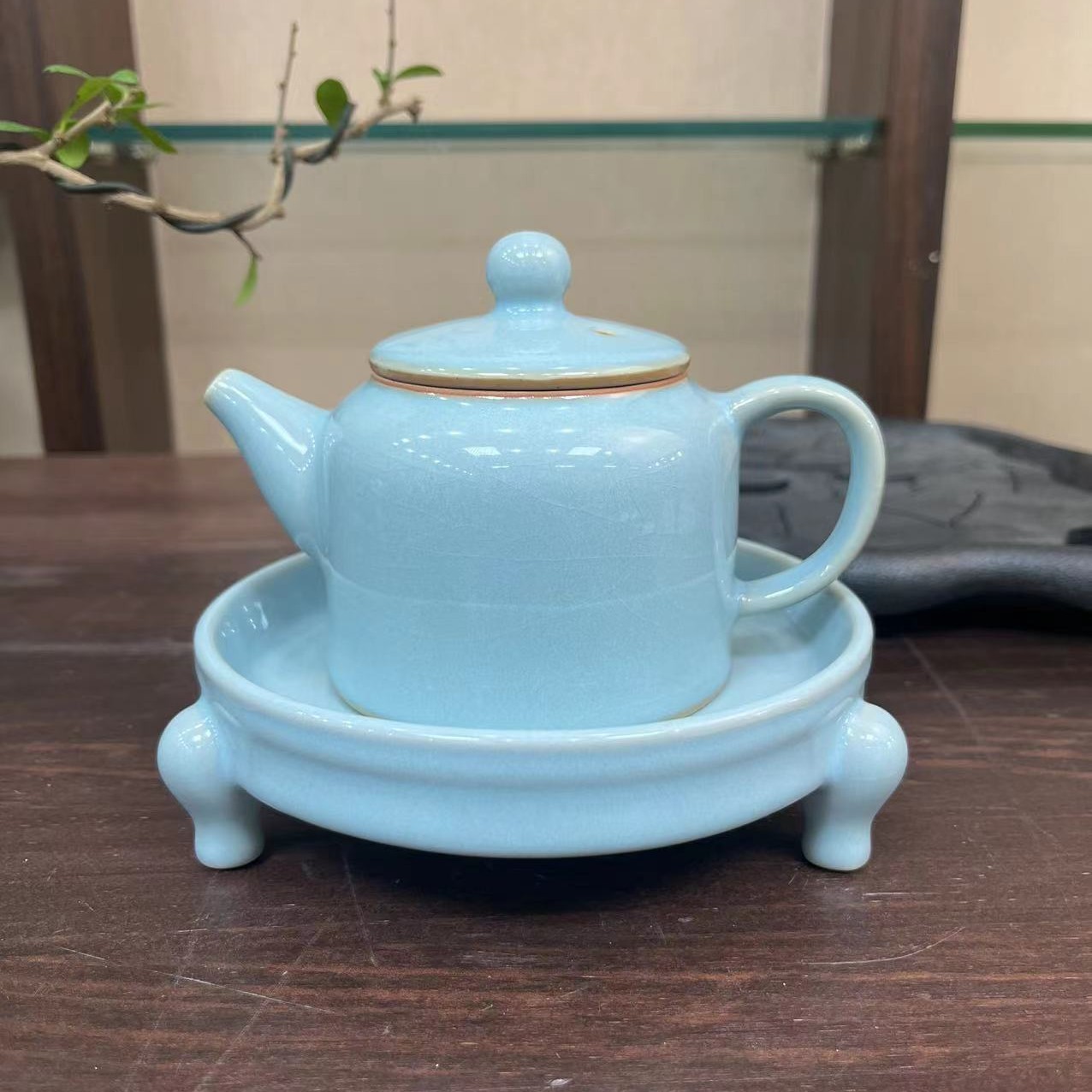 汝瓷传世器型天青三足壶承加执正壶