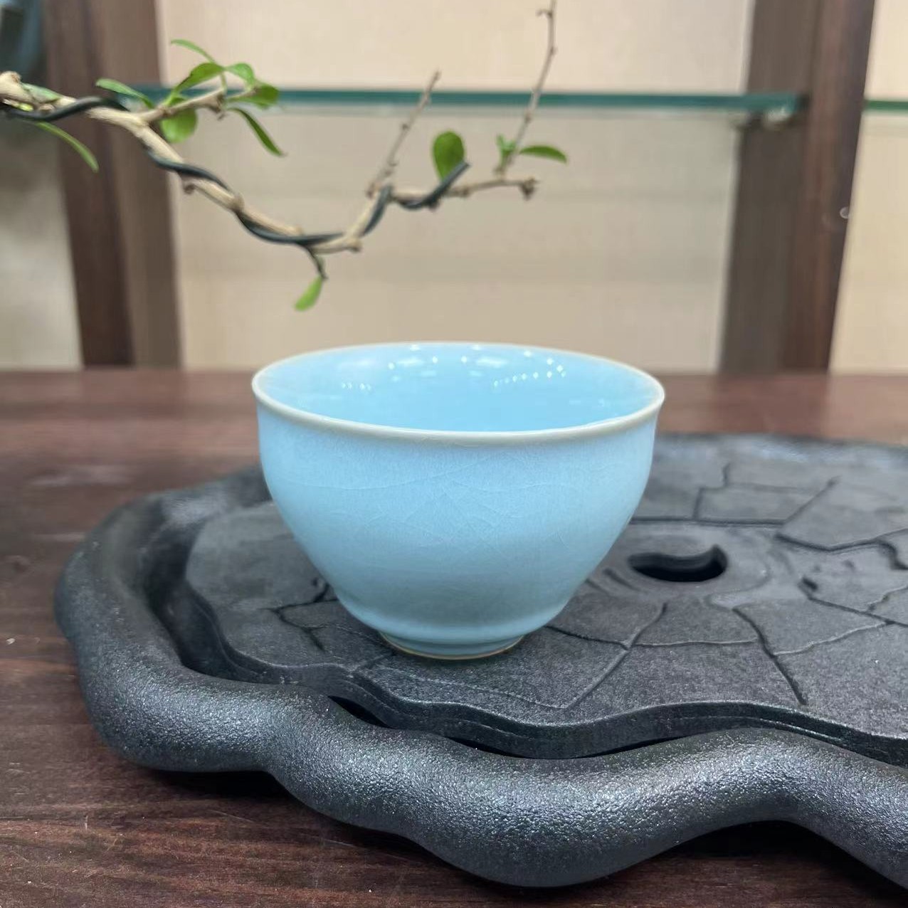 原矿汝瓷天青将军杯100cc玛瑙入釉可养金丝