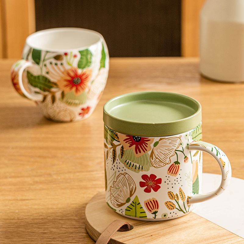 欧式七彩云花系列陶瓷杯子水杯带盖马克杯创意牛奶杯早餐杯
