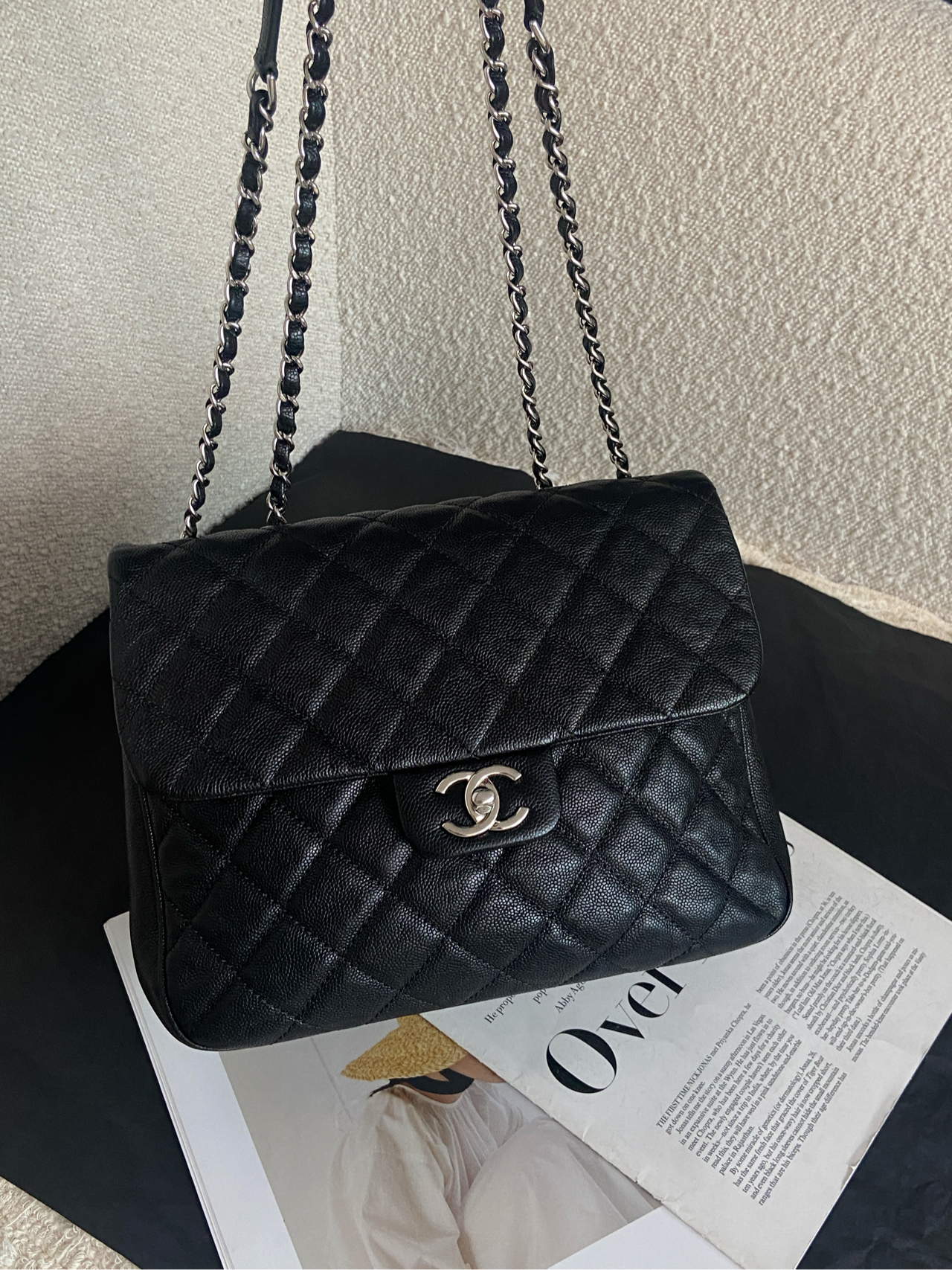 95新 Chanel/香奈儿 8053 Chanel 黑银荔枝牛风琴方胖单肩包 25开
