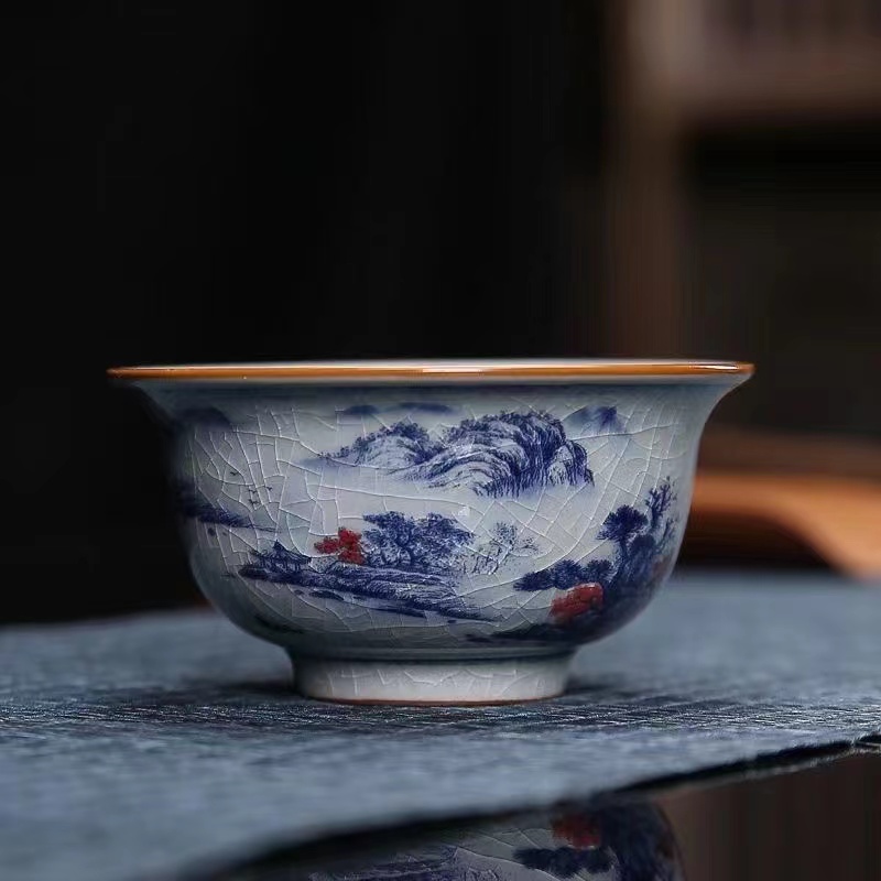 翔婷陶瓷  主人杯景德镇釉下彩青花瓷压手杯仿古五牛图童子杯清洗