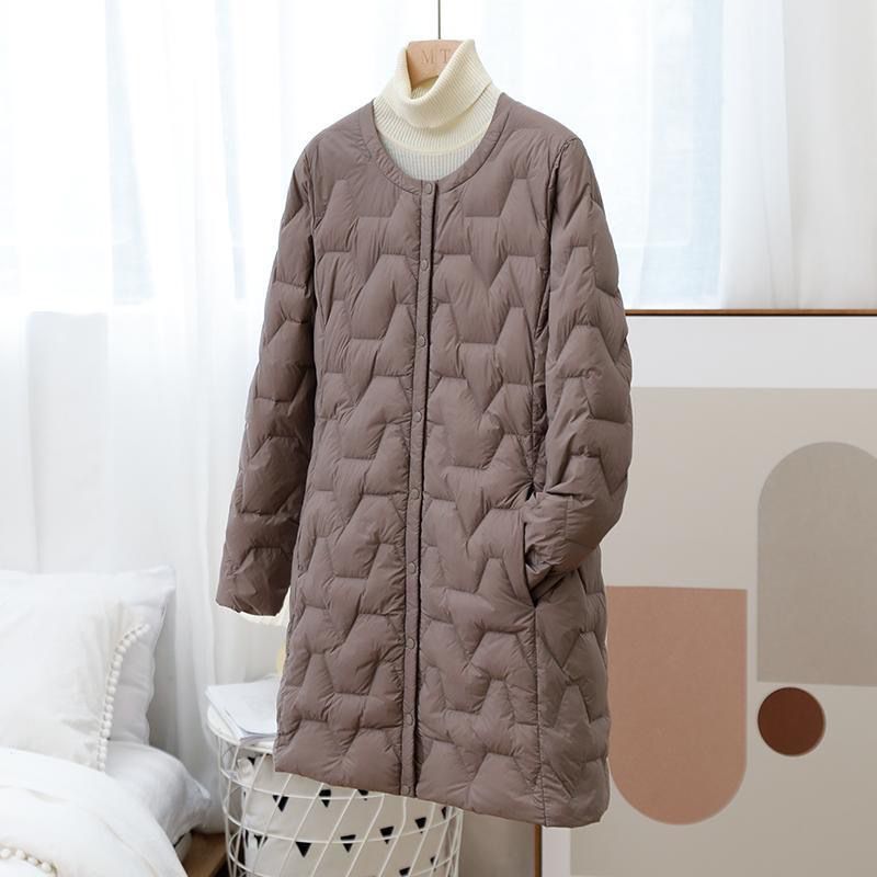 品牌断码羽绒服羽绒衣女中长款2023新款圆领时尚大衣内搭轻便菱形