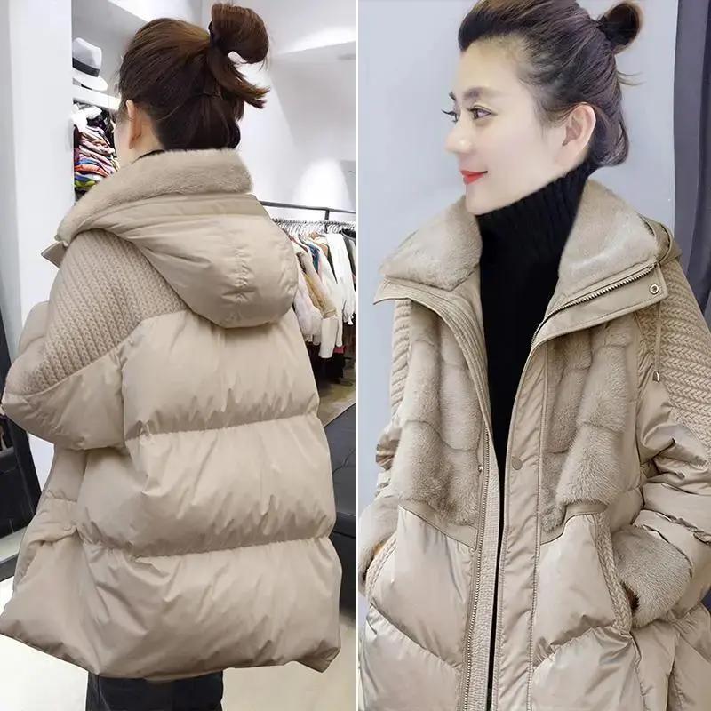品牌断码杏色毛领中长款羽绒服欧洲站2023年冬季新款时尚拼接加厚