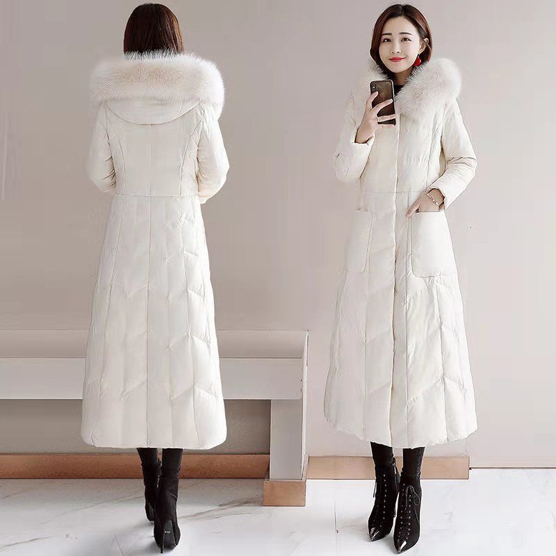 品牌断码2023新款ins韩版羽绒服女长款保暖冬装修身显瘦过膝大毛