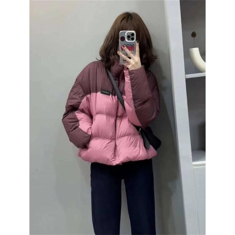 品牌断码拼色韩版羽绒服女2023冬新款时尚保暖宽松白鸭绒短款加厚
