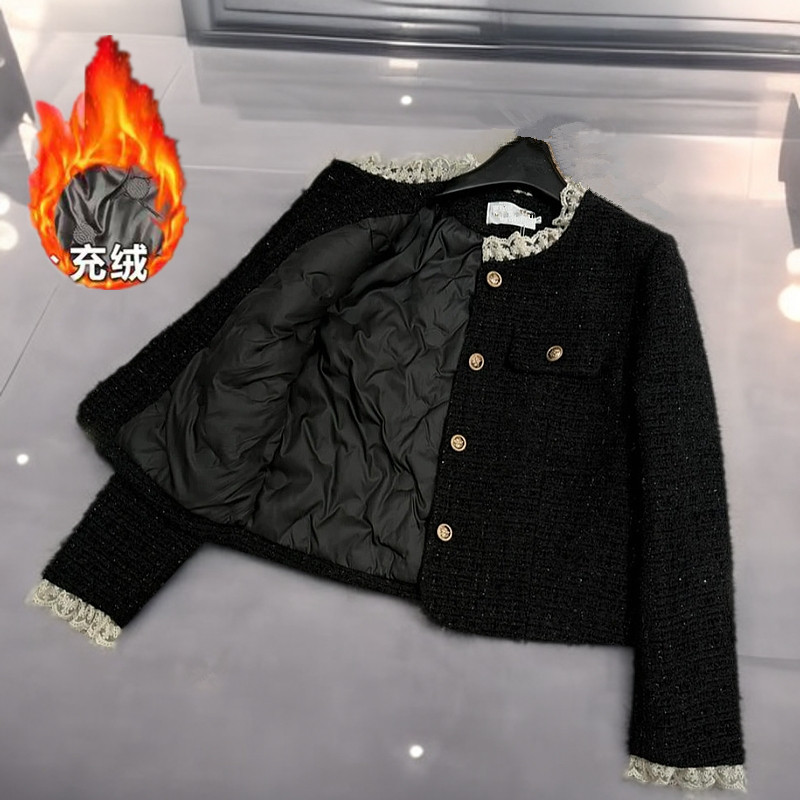 黑色蕾丝拼接小香风外套女加厚秋冬新款富家千金气质百搭短款外套