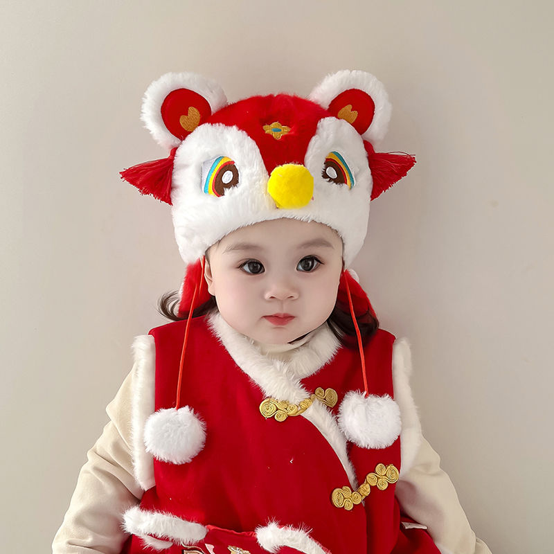 婴儿帽子秋冬款毛绒帽男女宝宝秋冬季保暖周岁新年红色醒狮护耳帽