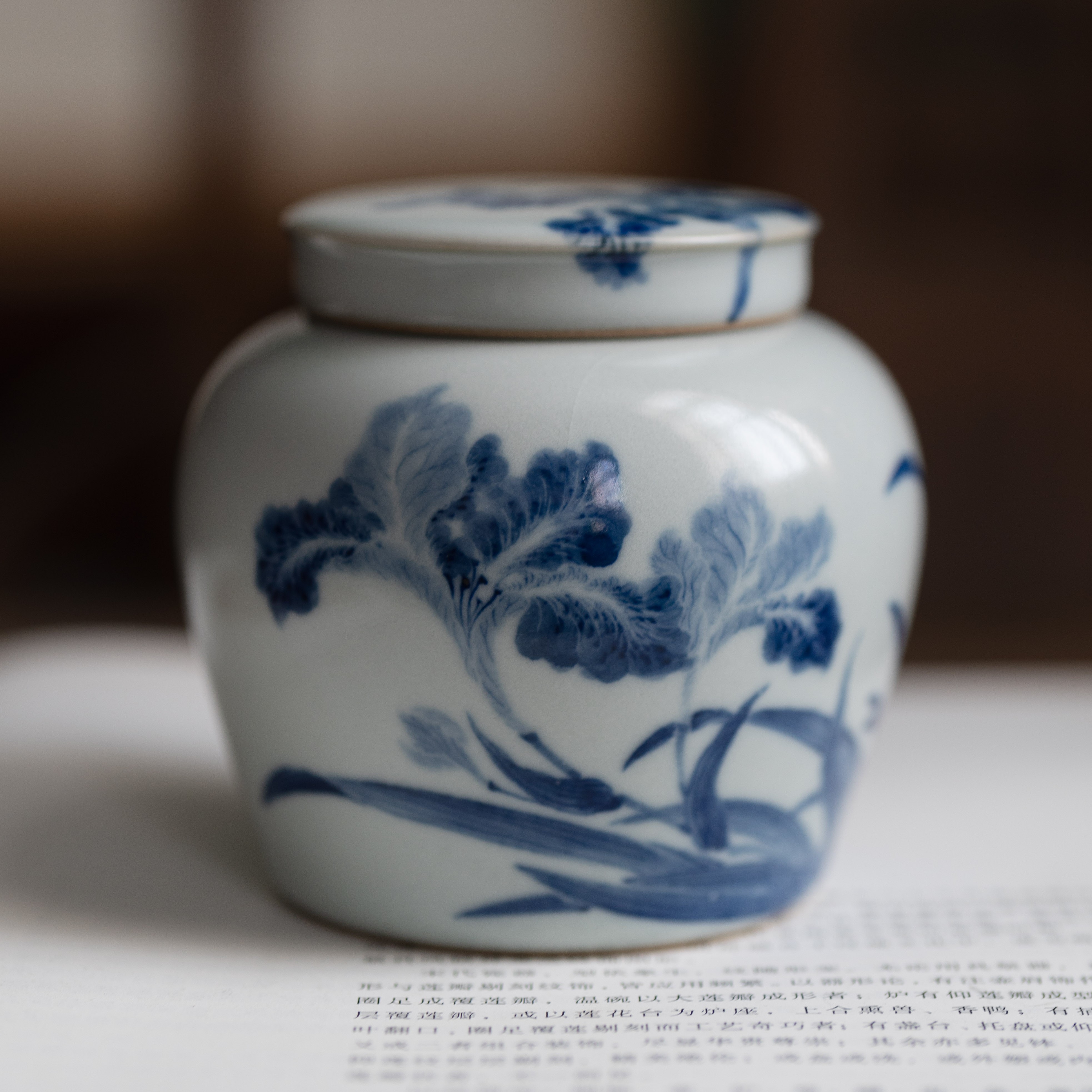 素器蒲石 气柴 石字款 汝窑汝瓷青花鸢尾花茶叶罐