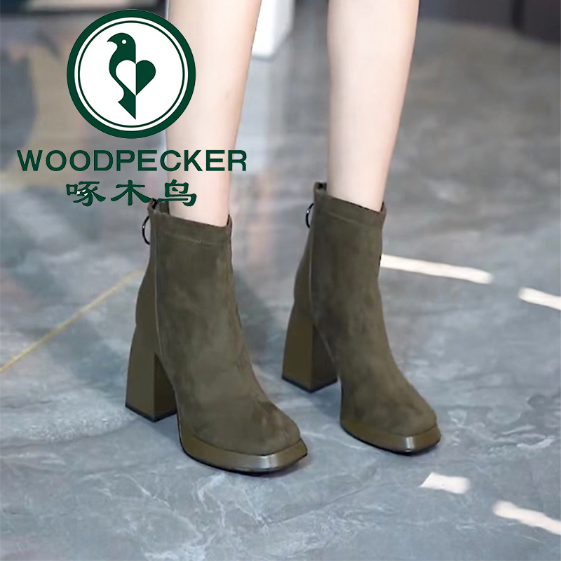啄木鸟高跟短靴女2025年新款方头厚底防水台后拉链百搭粗跟马丁靴