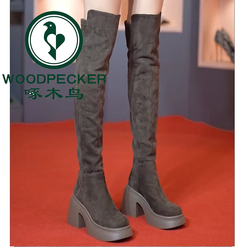 啄木鸟过膝长靴女高筒靴2025冬季新款高跟圆头粗跟加绒弹力瘦瘦靴