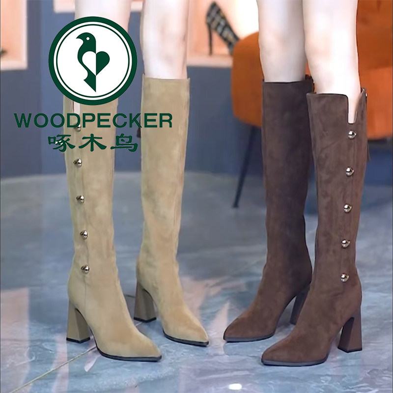 啄木鸟气质长筒时装靴女2025秋冬新款金属扣粗跟后拉链高筒瘦瘦靴