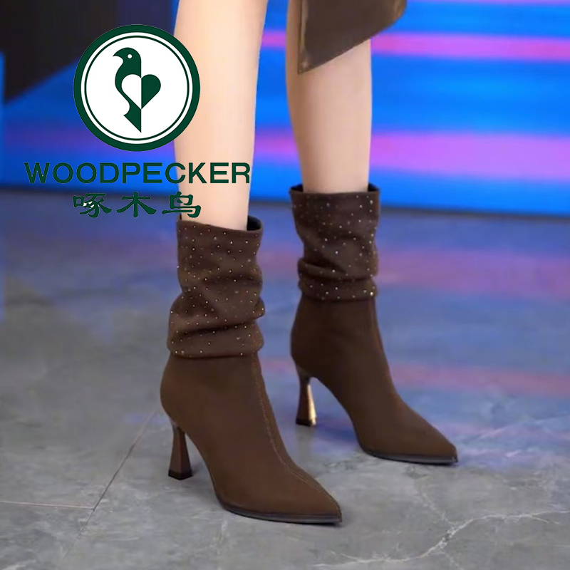 啄木鸟欧美时尚高跟堆堆靴女2025冬季新款尖头短筒瘦瘦靴细跟短靴