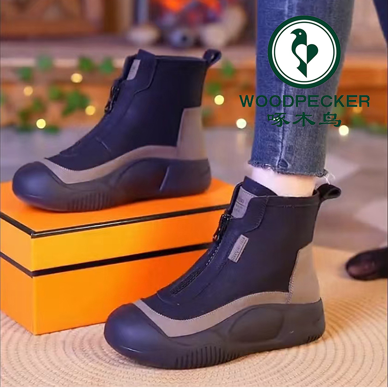 啄木鸟厚底4cm马丁靴女高帮鞋2024秋冬新款软底软面加绒保暖短靴