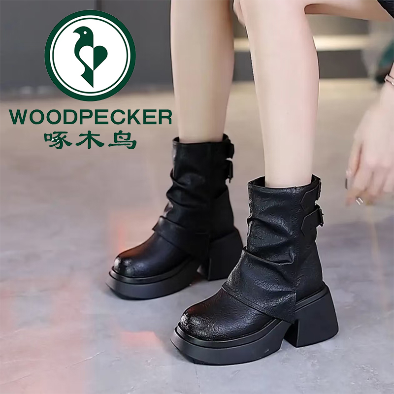 啄木鸟堆堆靴复古马丁靴女2025年秋冬新款百搭厚底增高加绒短靴