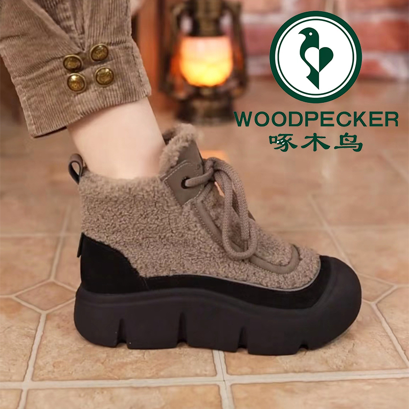 啄木鸟马丁靴厚底雪地靴女2025年冬季新款加绒保暖高帮鞋妈妈棉鞋