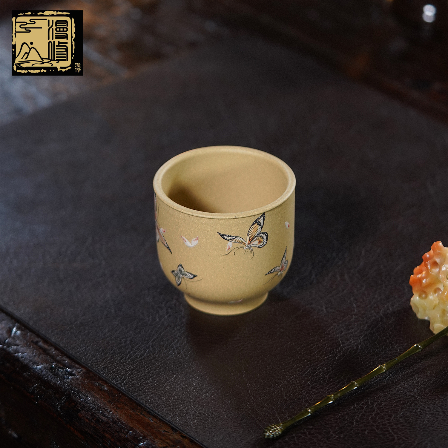 漫修本绿梦蝶杯高端手工刻绘闻香杯礼品杯
