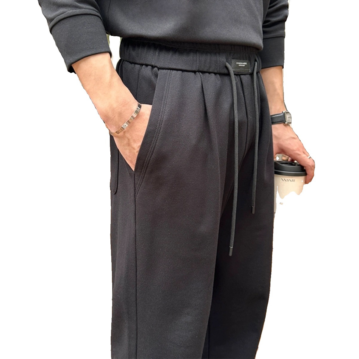 欧美潮牌垂坠感休闲下摆开衩直筒宽松裤男宽松松紧腰阔腿设计长裤