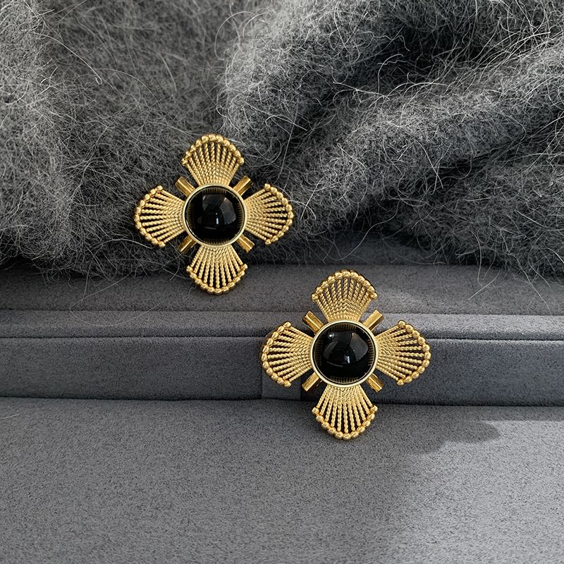 合金耳饰 小众中古重工黑金沙镂空花朵耳环夸张复古耳钉古风耳饰