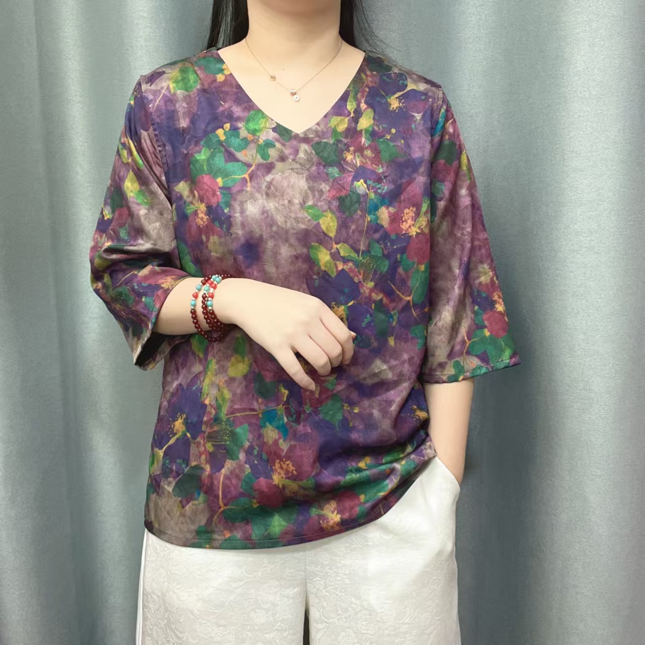 Y23春夏双面双穿V领半袖螺孔透气宽松时尚妈妈装国风显瘦遮肉小衫