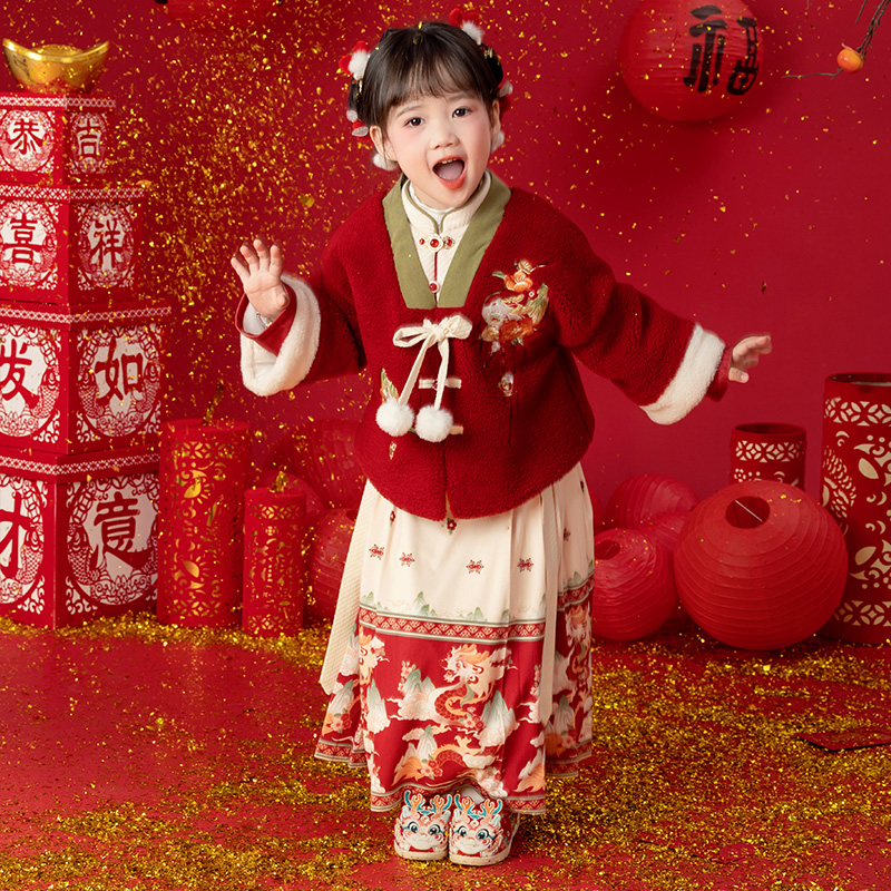 萌乎【乐长安】冬季加棉加厚女童国风刺绣龙年喜庆套装-234522