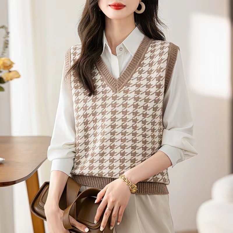 上衣马甲春秋洋气针织时尚新款女款百搭复古外穿马夹韩版千鸟格