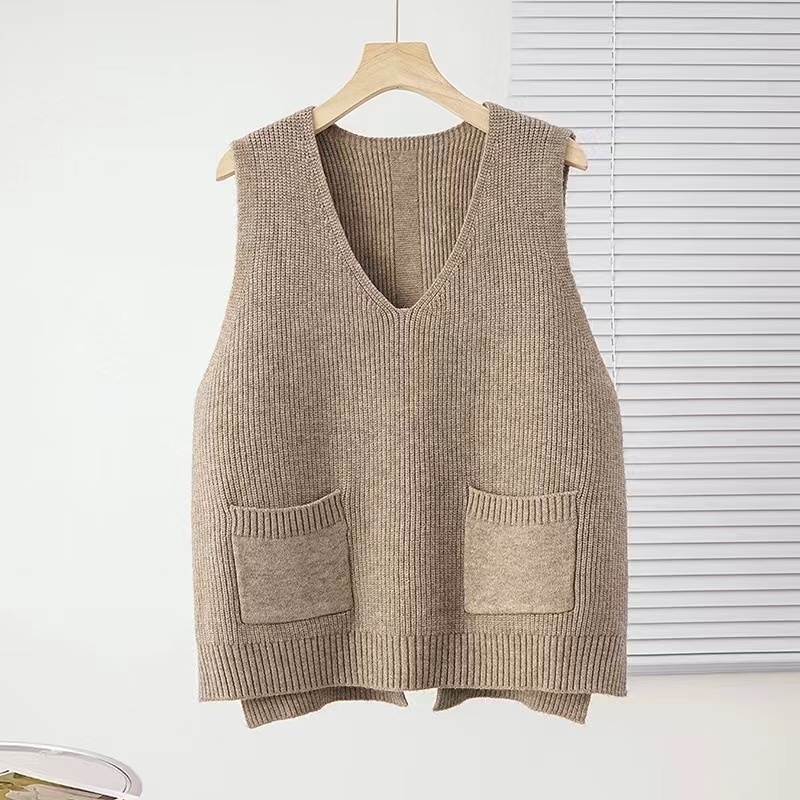 女装马甲针织时尚休闲百搭宽松马夹无袖复古简约纯色圆领秋冬套头