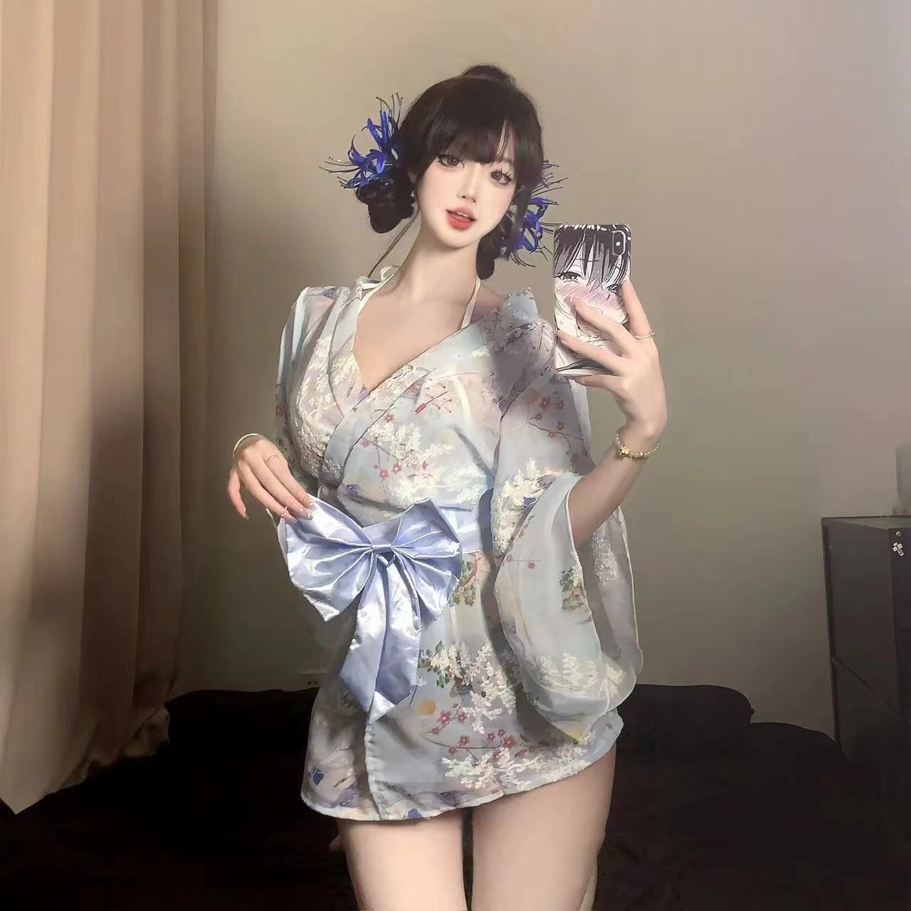 「蕉流」【樱花】东京神明少女*甜美蝴蝶结性感印花和服睡袍