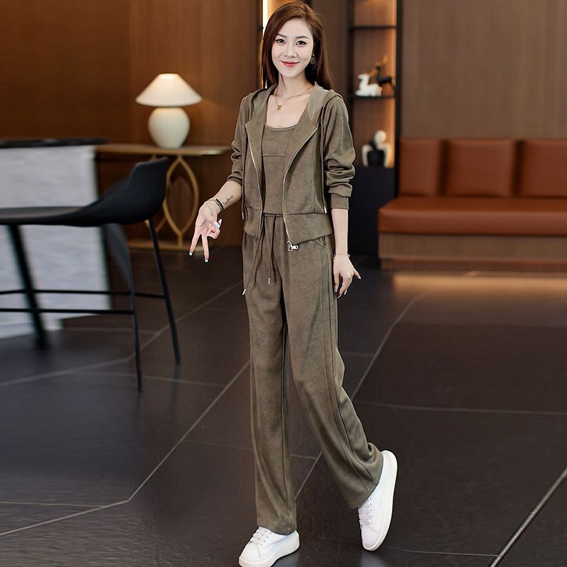 洋气减龄长袖连帽外套女阔腿裤三件套2024年春秋新款休闲运动套装
