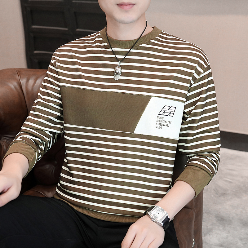 2024新品条纹长袖男士圆领卫衣春秋季宽松薄款青年上衣T恤打底衫