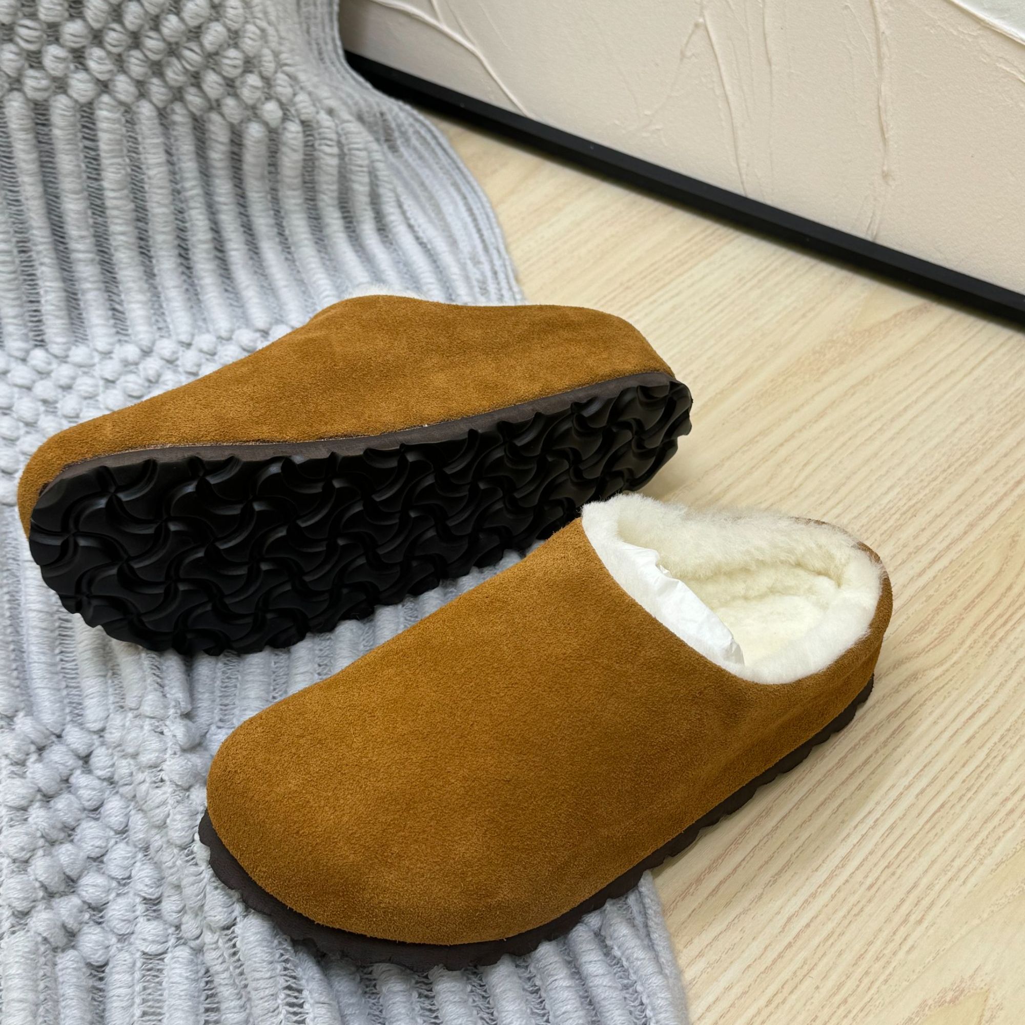 桑坡冬季博肯慵懒风row加毛极简风拖鞋加厚保暖真皮雪地靴