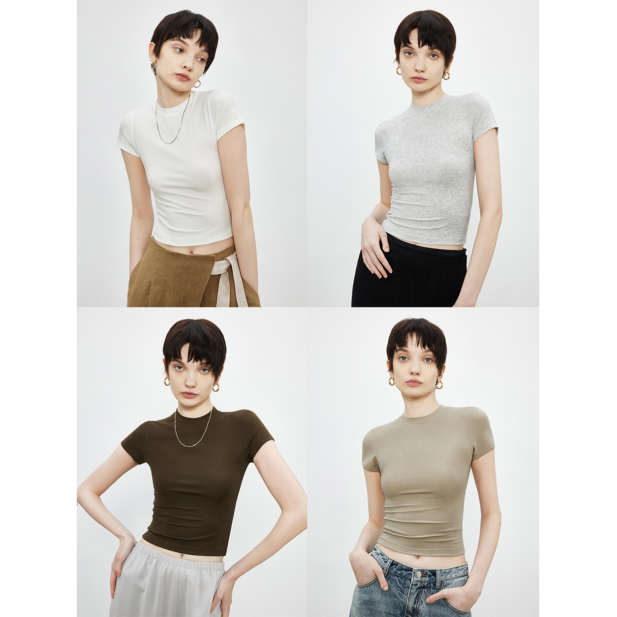 KEIGAN/开间ins爆火冰爽糯感高弹塑身显瘦时髦圆领V领短款T恤夏季