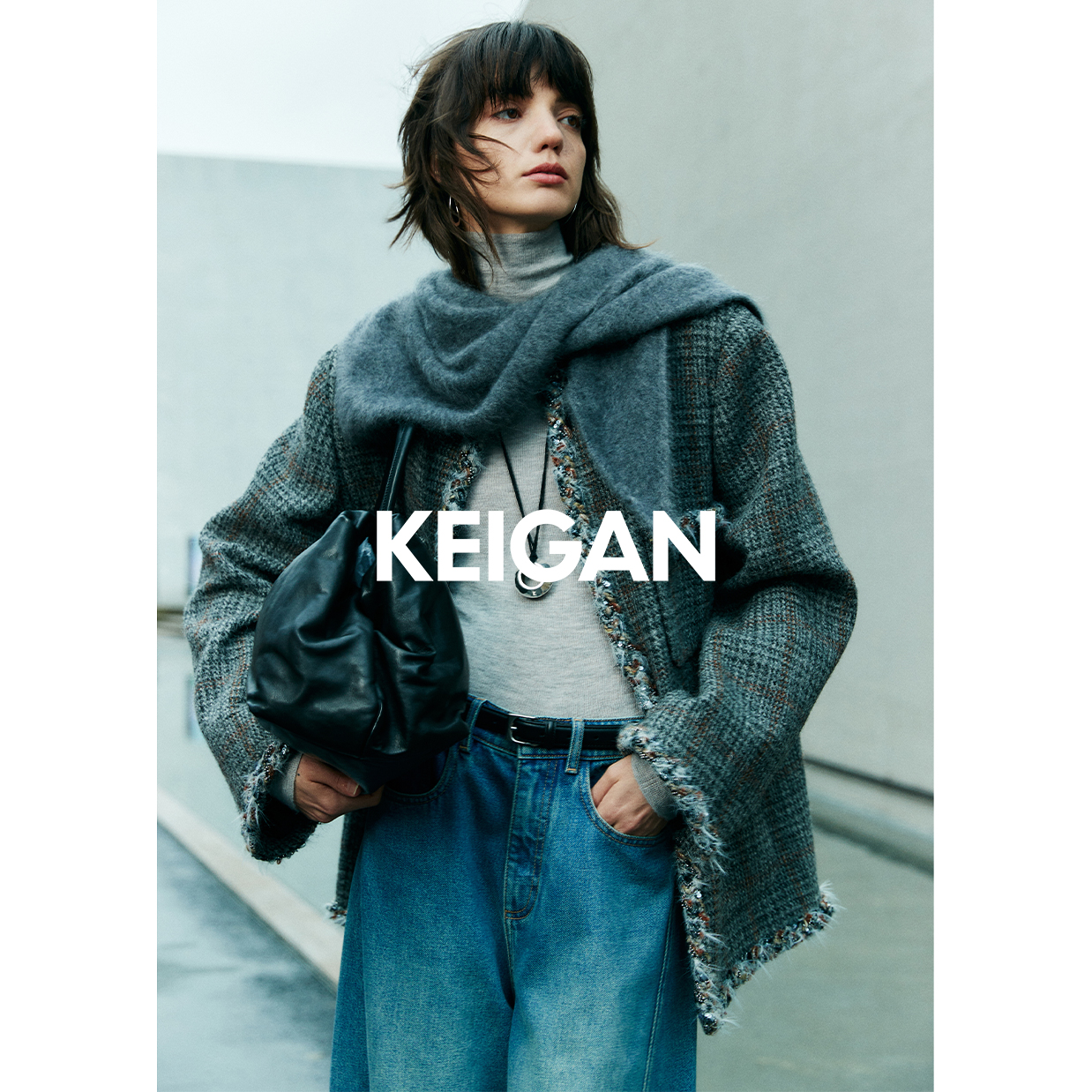 开间黑标/英国进口HARRIS羊毛粗花呢混彩格 温柔轻盈羽毛小香外套