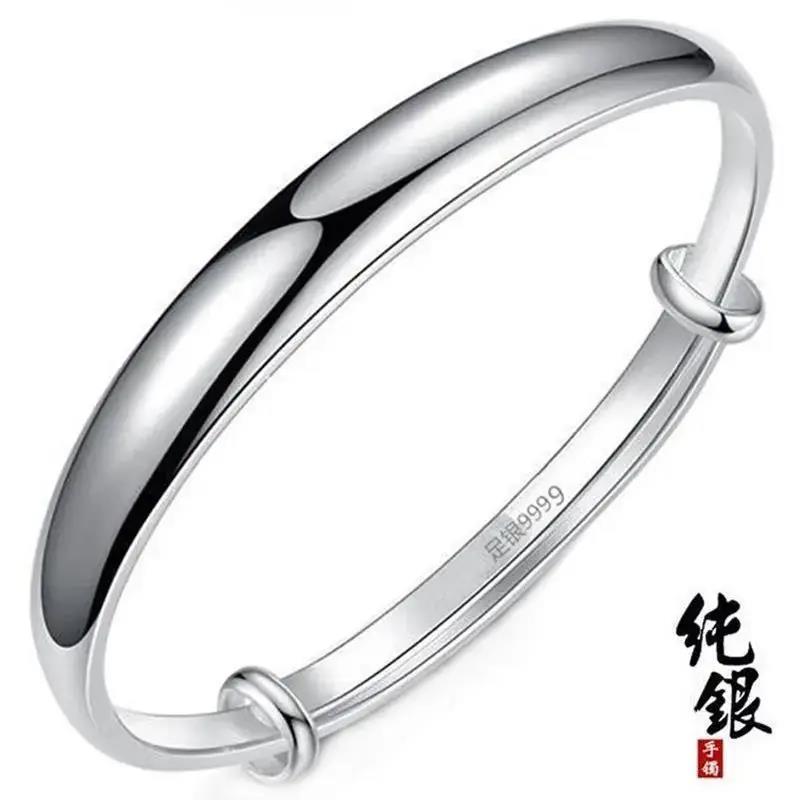 足银手镯  正品实心9999纯银手镯女推拉可调节银镯子可刻字