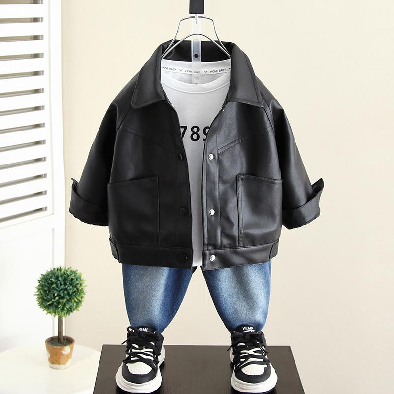 巴拉童年男童皮衣外套2024新款儿童装春秋款皮夹克男孩小童宝宝春