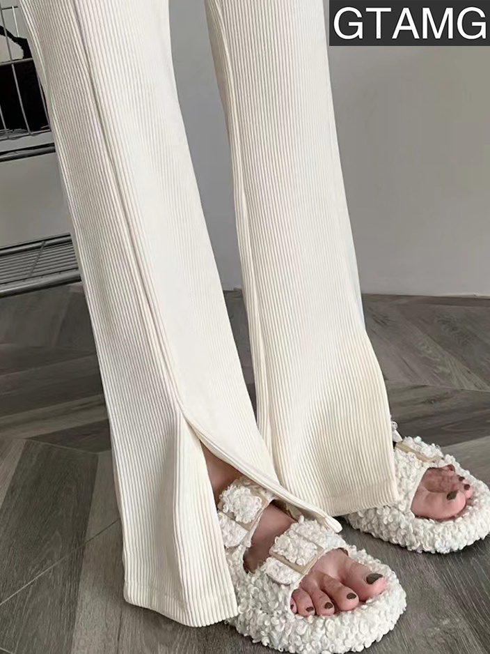 垂感直筒雪尼尔阔腿裤女春秋2023新款松紧腰开叉女裤喇叭拖地长裤