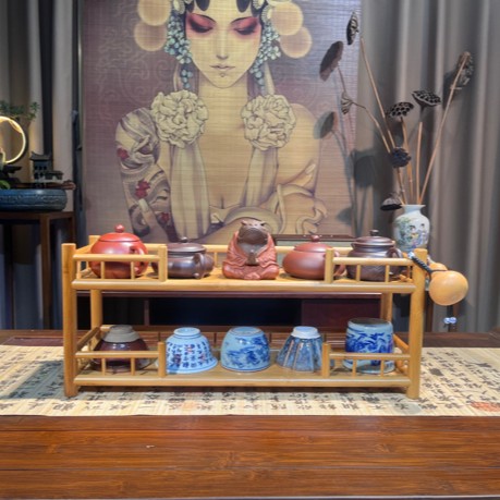 【两层凭栏】精品楠竹茶杯架茶壶架置物架茶几收纳架原木风