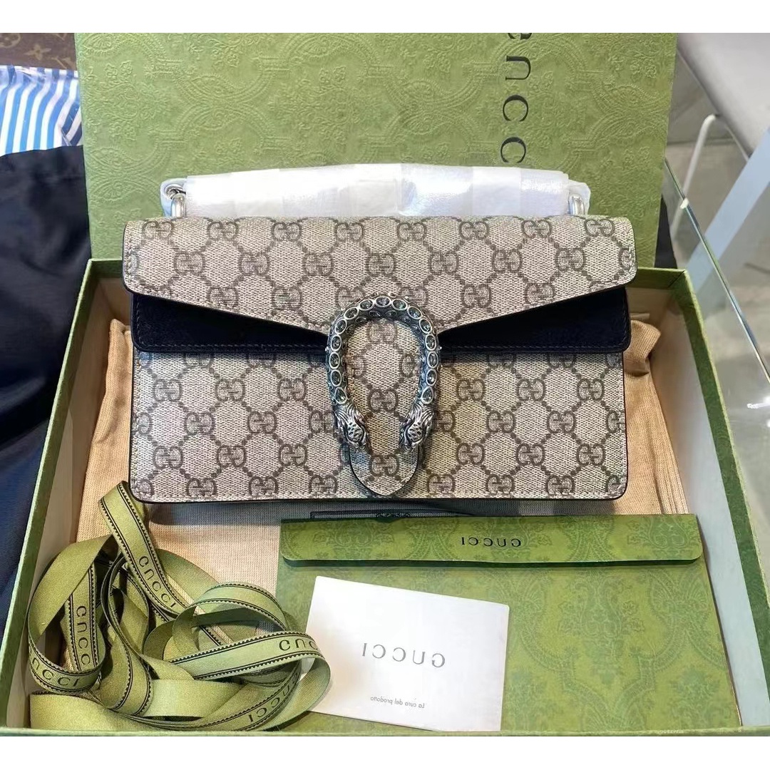 99新 GUCCI/古驰 黑酒神钻扣中号/黑拼老花/单肩包（D店)