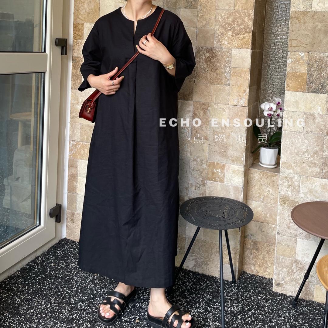 E64099丨V领亚麻气质款夏季休闲百搭宽松连衣裙｜点物赋灵