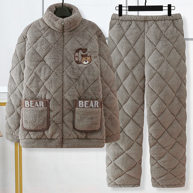 男士睡衣冬款加厚加绒珊瑚绒三层夹棉袄拉链套装法兰绒保暖家居服