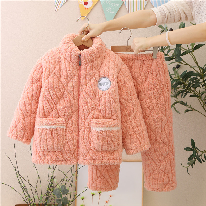 三层夹棉加厚睡衣冬季珊瑚绒居家棉服特厚加绒儿童法兰绒家居睡衣