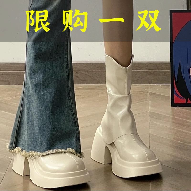 百丽纯爱v口白色马丁靴女春秋厚底粗跟短靴高跟弹力靴后拉链瘦