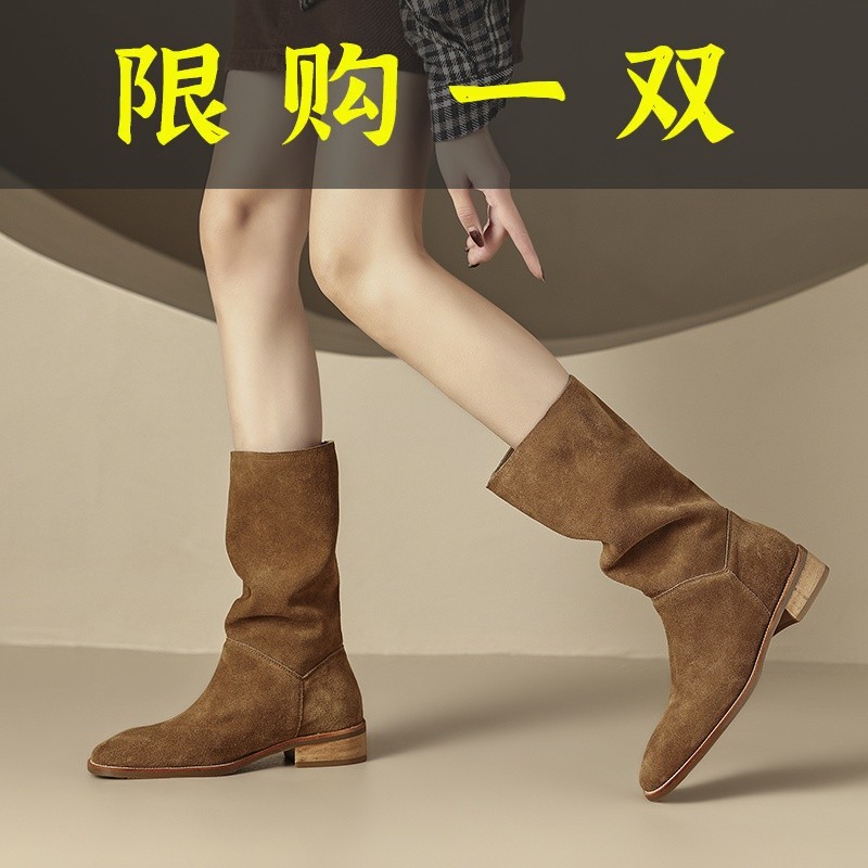 百丽纯爱女鞋2023秋冬新款磨砂牛翻皮平跟中筒靴黑色咖色堆堆靴