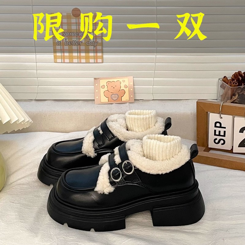 百丽纯爱厚底英伦小皮鞋女加绒2023新款秋冬复古日系保暖乐福鞋