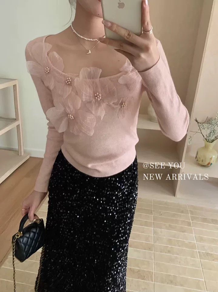 别致绝美针织衫女2024新款春秋设计感珍珠立体花朵修身长袖上衣