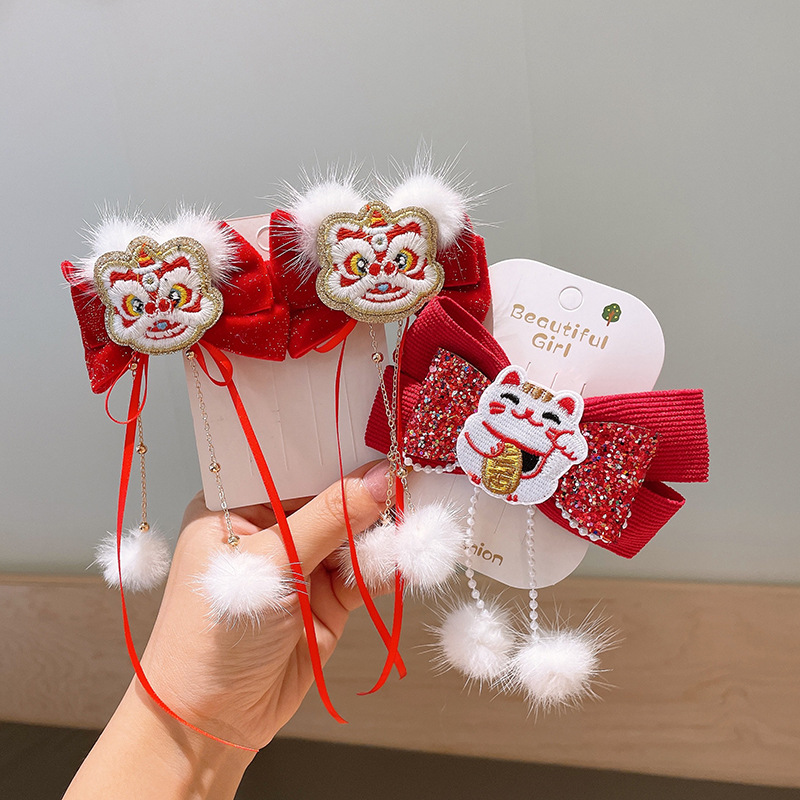 新年款儿童醒狮貂毛流苏发夹中国风喜庆蝴蝶结刺绣铃铛小女孩顶夹