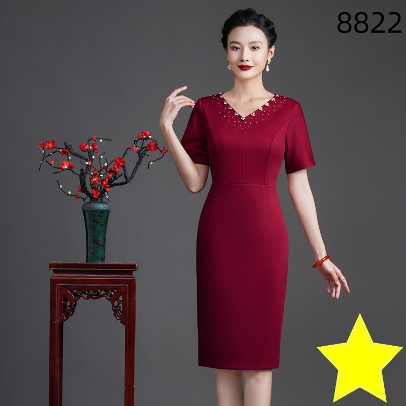 喜婆婆喜妈妈装礼服婚宴装宴会装气质高贵夏季高档夏季修身酒红色