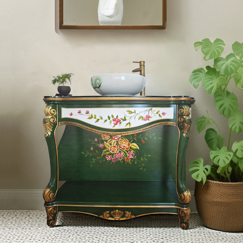 美式祖母绿陶瓷一体盆洗手台组合落地式脸盆柜手绘彩绘实木洗漱台
