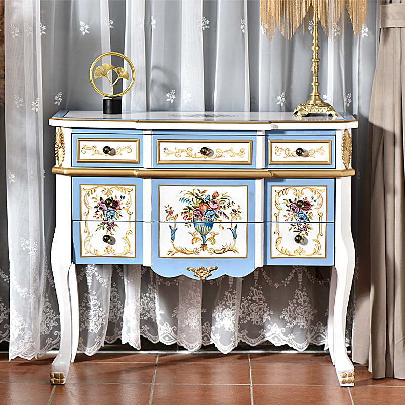 美式乡村玄关柜实木隔断入户客厅三斗边柜手绘小户型装饰法式储物