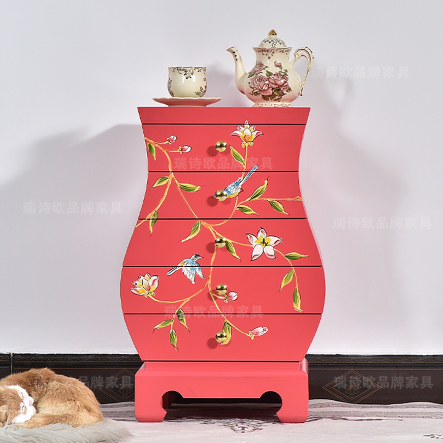 美式乡村花瓶柜客厅实木彩绘五斗复古玫红色卧室抽屉装饰多层收纳